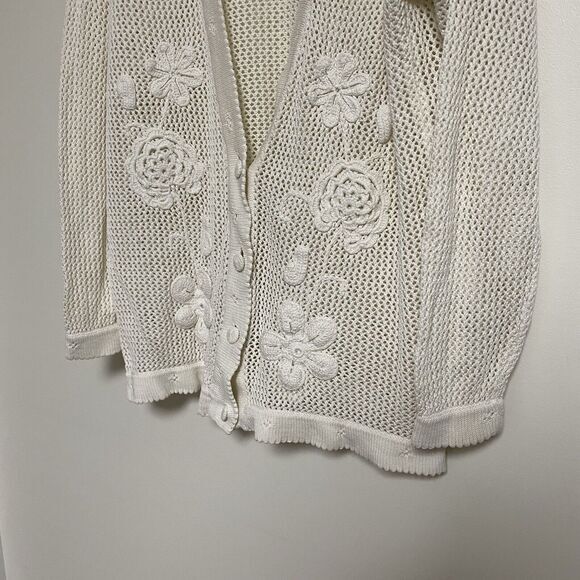 Vtg Express Tricot Womens Sweater Long Cardigan Size M Crochet Open Knit Flowers - Picture 4 of 9